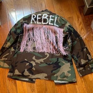 Hand painted embellished rebel camo jacket fringe removed